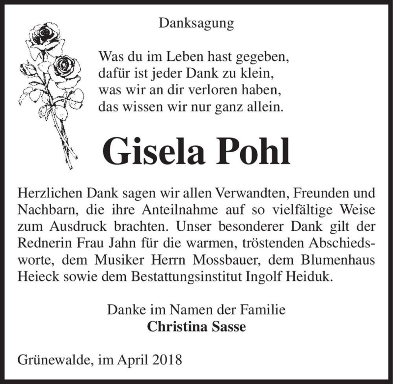  Traueranzeige für Gisela Pohl  vom 21.04.2018 aus Magdeburger Volksstimme
