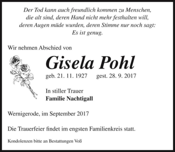 Traueranzeige von Gisela Pohl  von Magdeburger Volksstimme