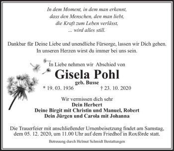 Traueranzeige von Gisela Pohl (geb. Busse)  von Magdeburger Volksstimme