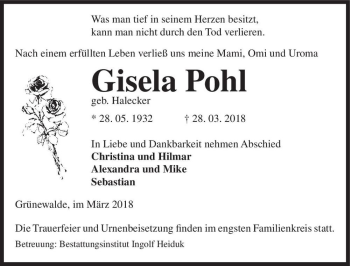 Traueranzeige von Gisela Pohl (geb. Halecker)  von Magdeburger Volksstimme