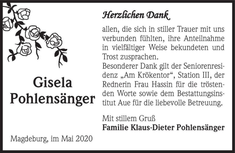  Traueranzeige für Gisela Pohlensänger  vom 23.05.2020 aus Magdeburger Volksstimme