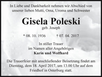 Traueranzeige von Gisela Poleski (geb. Joseph)  von Magdeburger Volksstimme