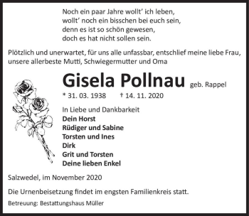 Traueranzeige von Gisela Pollnau (geb. Rappel)  von Magdeburger Volksstimme