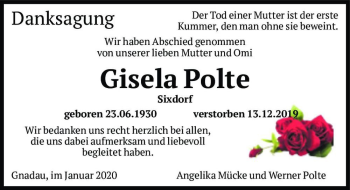 Traueranzeige von Gisela Polte  von Magdeburger Volksstimme