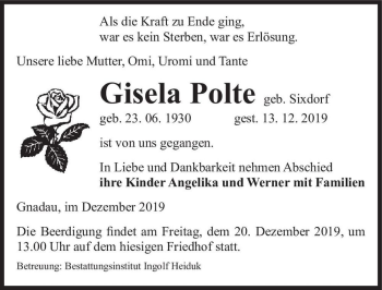 Traueranzeige von Gisela Polte (geb. Sixdorf)  von Magdeburger Volksstimme