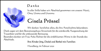 Traueranzeige von Gisela Prössel  von Magdeburger Volksstimme