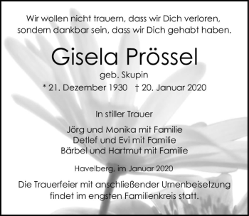 Traueranzeige von Gisela Prössel (geb. Skupin)  von Magdeburger Volksstimme