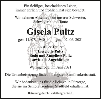 Traueranzeige von Gisela Pultz  von Magdeburger Volksstimme