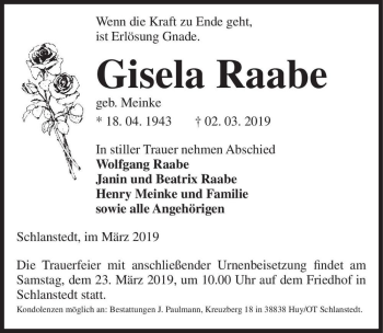 Traueranzeige von Gisela Raabe (geb. Meinke)  von Magdeburger Volksstimme