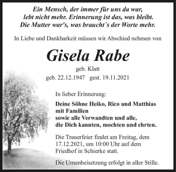 Traueranzeige von Gisela Rabe (geb. Klatt)  von Magdeburger Volksstimme