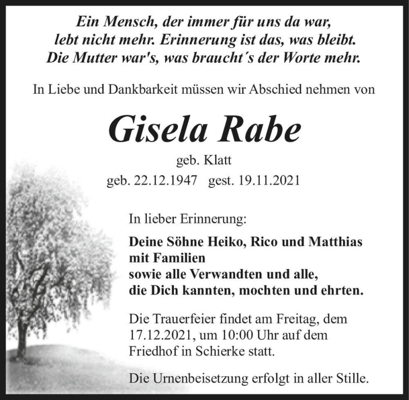  Traueranzeige für Gisela Rabe (geb. Klatt)  vom 04.12.2021 aus Magdeburger Volksstimme