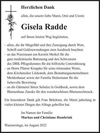 Traueranzeige von Gisela Radde  von Magdeburger Volksstimme