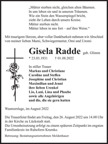 Traueranzeige von Gisela Radde (geb. Glimm)  von Magdeburger Volksstimme