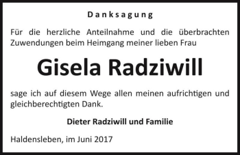 Traueranzeige von Gisela Radziwill  von Magdeburger Volksstimme