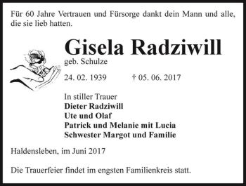 Traueranzeige von Gisela Radziwill (geb. Schulze)  von Magdeburger Volksstimme