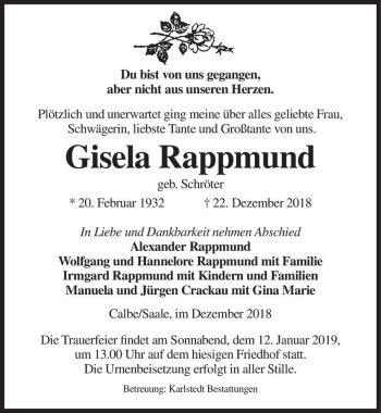 Traueranzeige von Gisela Rappmund (geb. Schröter)  von Magdeburger Volksstimme