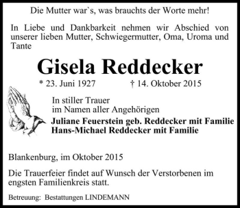 Traueranzeige von Gisela Reddecker  von Magdeburger Volksstimme