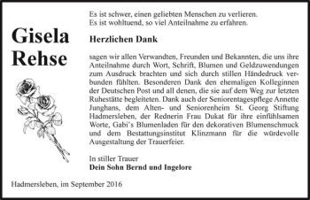 Traueranzeige von Gisela Rehse  von Magdeburger Volksstimme