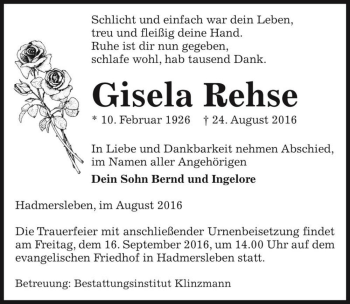 Traueranzeige von Gisela Rehse  von Magdeburger Volksstimme