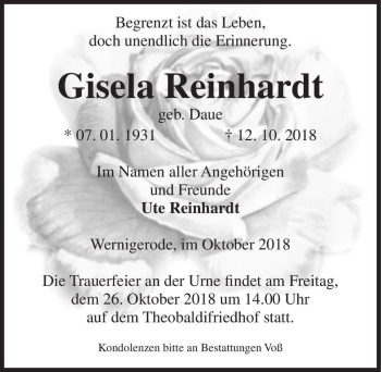 Traueranzeige von Gisela Reinhardt (geb. Daue)  von Magdeburger Volksstimme