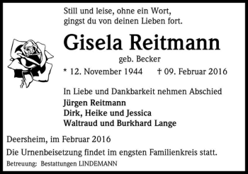 Traueranzeige von Gisela Reitmann (geb. Becker)  von Magdeburger Volksstimme