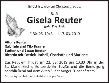 Traueranzeige von Gisela Reuter (geb. Koschyk)  von Magdeburger Volksstimme