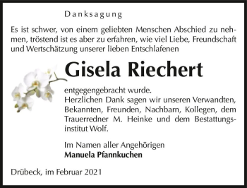 Traueranzeige von Gisela Riechert  von Magdeburger Volksstimme