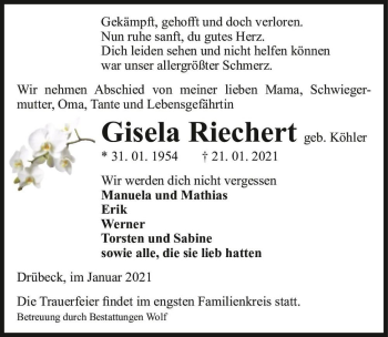 Traueranzeige von Gisela Riechert (geb. Köhler)  von Magdeburger Volksstimme