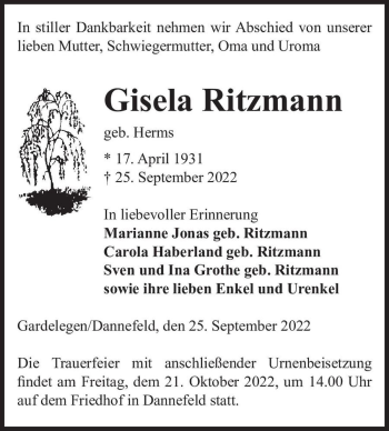 Traueranzeige von Gisela Ritzmann (geb. Herms)  von Magdeburger Volksstimme