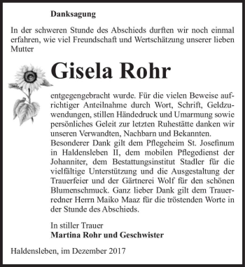 Traueranzeige von Gisela Rohr  von Magdeburger Volksstimme
