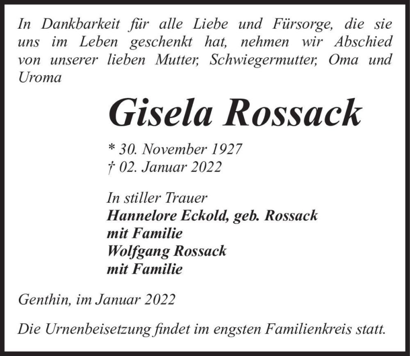  Traueranzeige für Gisela Rossack  vom 08.01.2022 aus Magdeburger Volksstimme
