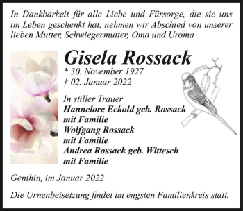 Traueranzeige von Gisela Rossack  von Magdeburger Volksstimme