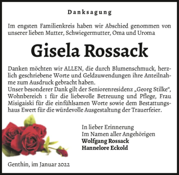 Traueranzeige von Gisela Rossack  von Magdeburger Volksstimme
