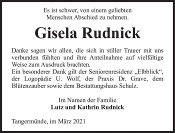 Traueranzeige von Gisela Rudnick  von Magdeburger Volksstimme