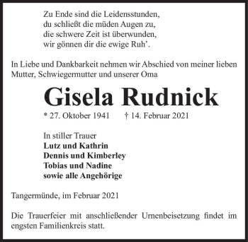Traueranzeige von Gisela Rudnick  von Magdeburger Volksstimme