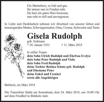 Traueranzeige von Gisela Rudolph (geb. Erdmann)  von Magdeburger Volksstimme