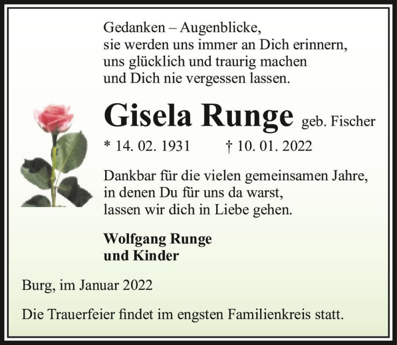  Traueranzeige für Gisela Runge (geb. Fischer)  vom 15.01.2022 aus Magdeburger Volksstimme