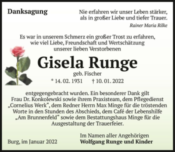 Traueranzeige von Gisela Runge (geb. Fischer)  von Magdeburger Volksstimme