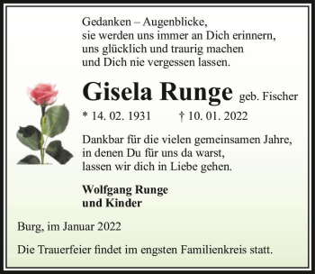 Traueranzeige von Gisela Runge (geb. Fischer)  von Magdeburger Volksstimme