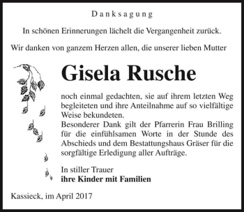 Traueranzeige von Gisela Rusche  von Magdeburger Volksstimme