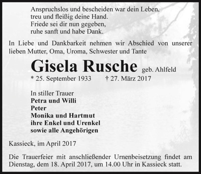  Traueranzeige für Gisela Rusche (geb. Ahlfeld)  vom 07.04.2017 aus Magdeburger Volksstimme