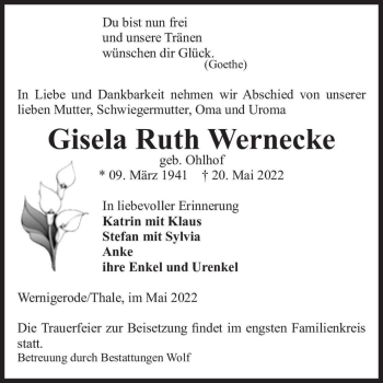 Traueranzeige von Gisela Ruth Wernecke (geb. Ohlhof)  von Magdeburger Volksstimme