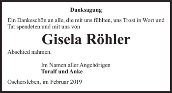 Traueranzeige von Gisela Röhler  von Magdeburger Volksstimme