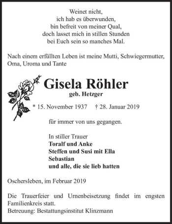 Traueranzeige von Gisela Röhler (geb. Hetzger)  von Magdeburger Volksstimme
