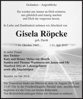 Traueranzeige von Gisela Röpcke (geb. Zierdt)  von Magdeburger Volksstimme