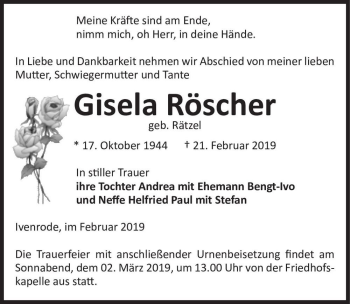 Traueranzeige von Gisela Röscher (geb. Rätzel)  von Magdeburger Volksstimme