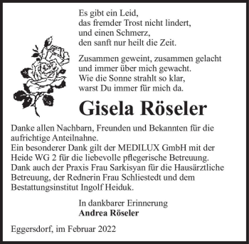 Traueranzeige von Gisela Röseler  von Magdeburger Volksstimme