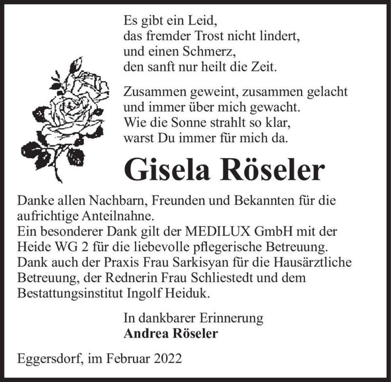  Traueranzeige für Gisela Röseler  vom 26.02.2022 aus Magdeburger Volksstimme
