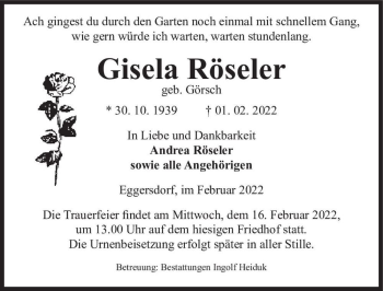 Traueranzeige von Gisela Röseler (geb. Görsch)  von Magdeburger Volksstimme