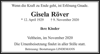 Traueranzeige von Gisela Röver  von Magdeburger Volksstimme